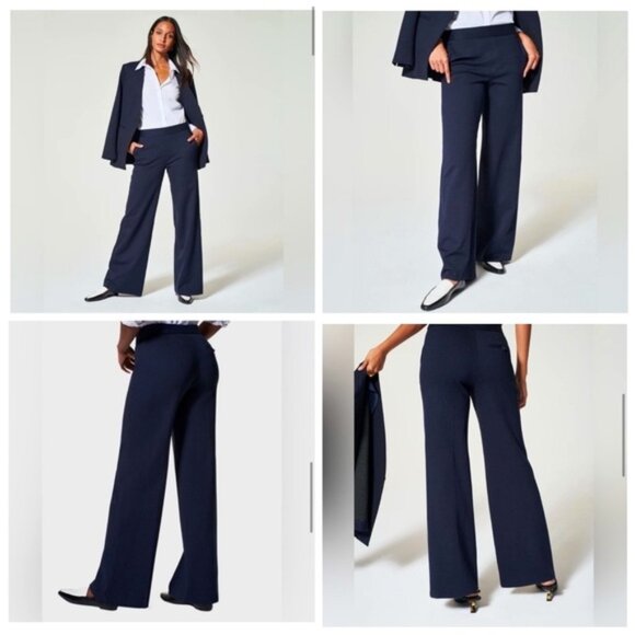 SPANX Nwt PerfectFit Ponte Wide Leg Pants 1X Tall Navy GrayPinstripe SuperSmooth - Picture 1 of 9